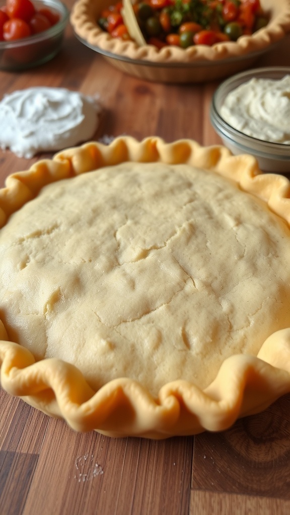 A golden-brown pie crust on a wooden table, ready for filling.